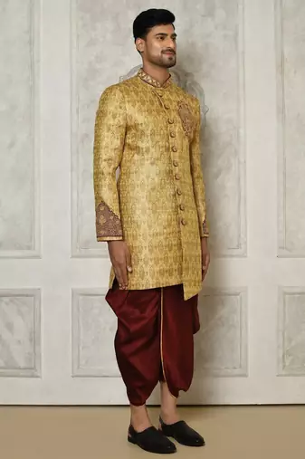 Gold straight pattern work with hand work on collar and pocket indo western