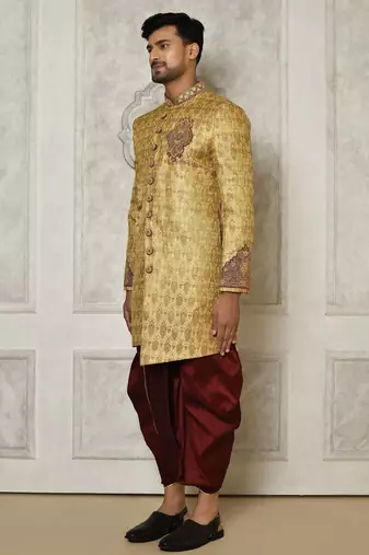 Gold straight pattern work with hand work on collar and pocket indo western