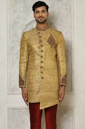 Gold straight pattern work with hand work on collar and pocket indo western
