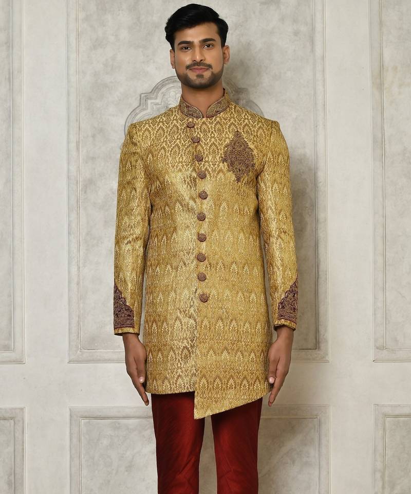 Gold straight pattern work with hand work on collar and pocket indo western