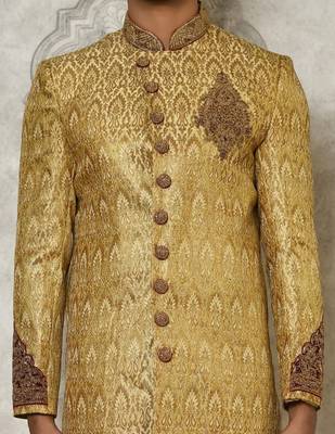 Gold straight pattern work with hand work on collar and pocket indo western 2