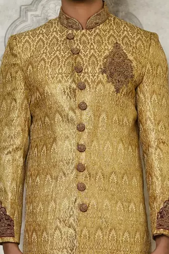 Gold straight pattern work with hand work on collar and pocket indo western