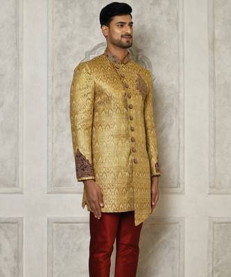 Gold straight pattern work with hand work on collar and pocket indo western 3