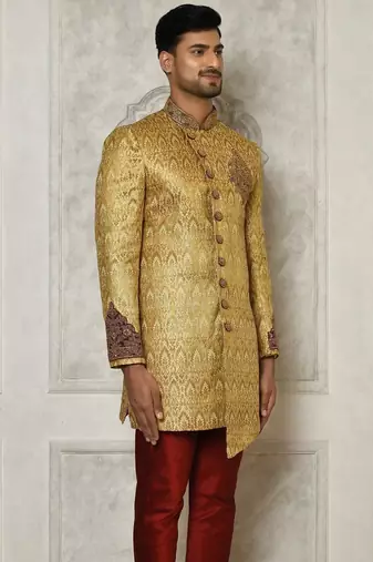 Gold straight pattern work with hand work on collar and pocket indo western