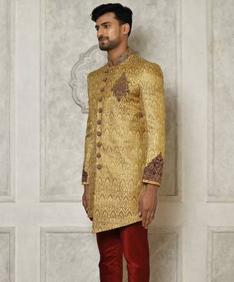 Gold straight pattern work with hand work on collar and pocket indo western 4