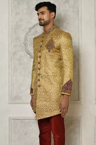 Gold straight pattern work with hand work on collar and pocket indo western