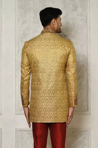 Gold straight pattern work with hand work on collar and pocket indo western