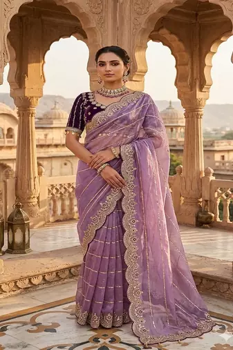 Light Purple Color embroidery sequence work Sattin Saree