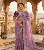 Light Purple Color embroidery sequence work Sattin Saree