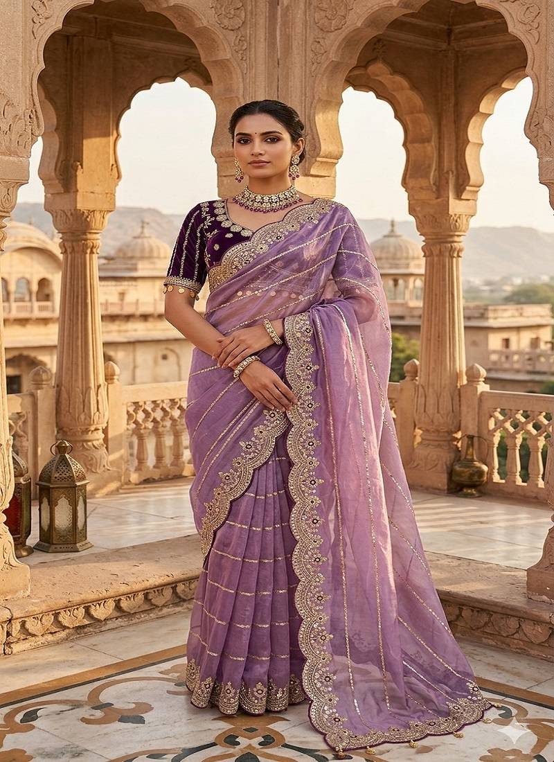 Light Purple Color embroidery sequence work Sattin Saree