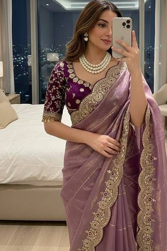 Light Purple Color embroidery sequence work Sattin Saree