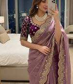 Light Purple Color embroidery sequence work Sattin Saree