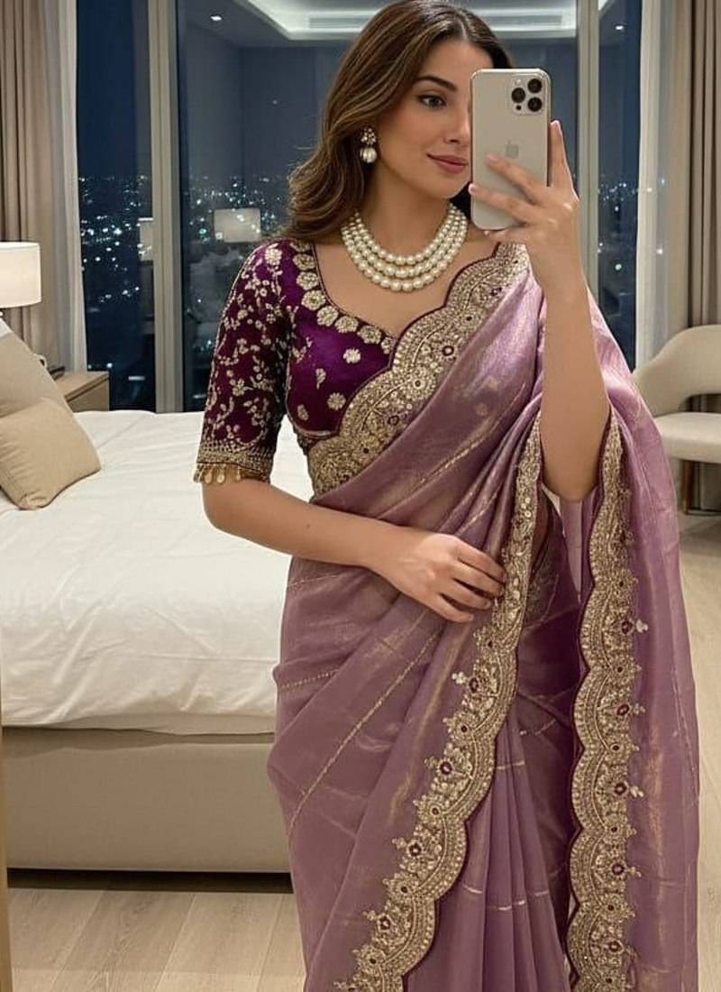 Light Purple Color embroidery sequence work Sattin Saree