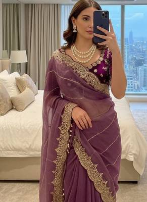 Light Purple Color embroidery sequence work Sattin Saree 2