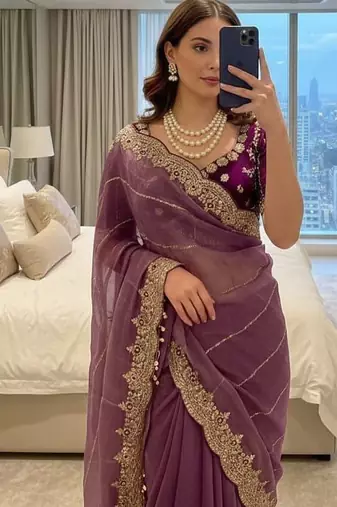 Light Purple Color embroidery sequence work Sattin Saree