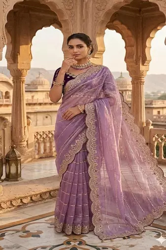 Light Purple Color embroidery sequence work Sattin Saree