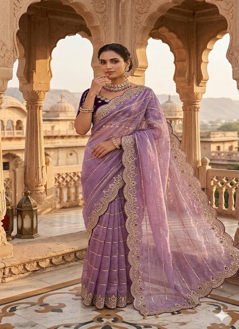 Light Purple Color embroidery sequence work Sattin Saree