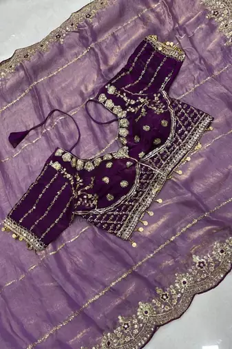 Light Purple Color embroidery sequence work Sattin Saree