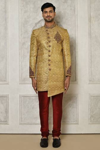 Gold straight pattern work with hand work on collar and pocket indo western