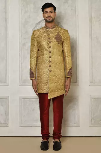 Gold straight pattern work with hand work on collar and pocket indo western