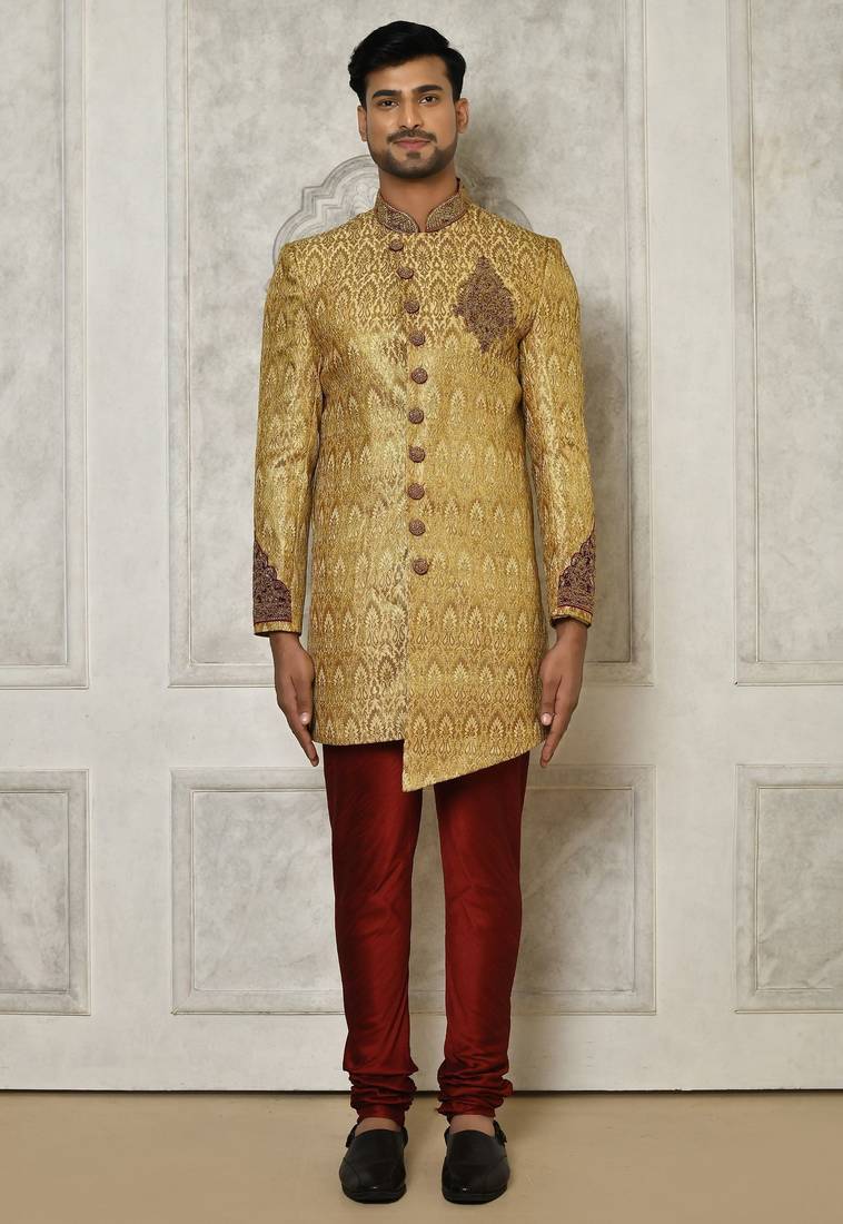 Gold straight pattern work with hand work on collar and pocket indo western