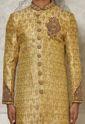 Gold straight pattern work with hand work on collar and pocket indo western 2