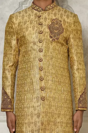 Gold straight pattern work with hand work on collar and pocket indo western