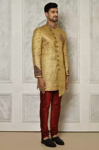 Gold straight pattern work with hand work on collar and pocket indo western