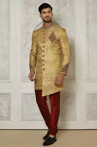 Gold straight pattern work with hand work on collar and pocket indo western