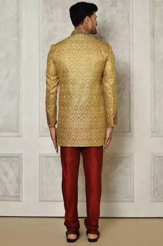 Gold straight pattern work with hand work on collar and pocket indo western