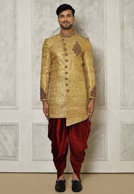 Gold straight pattern work with hand work on collar and pocket indo western 1