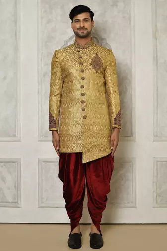Gold straight pattern work with hand work on collar and pocket indo western