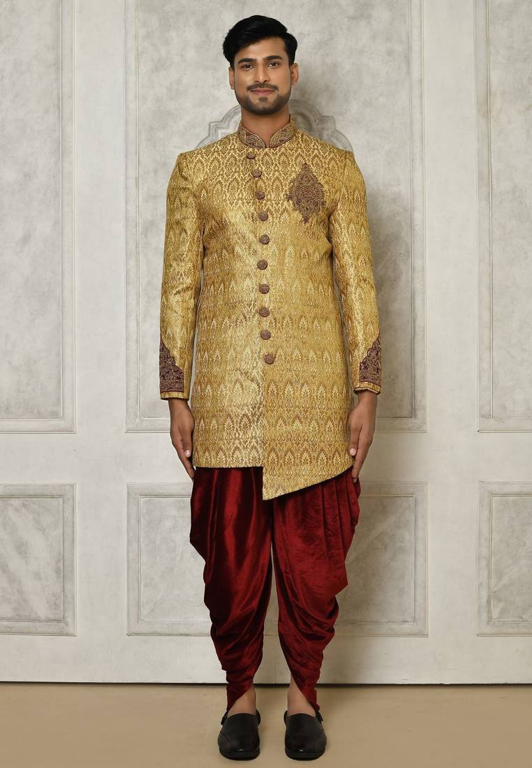 Gold straight pattern work with hand work on collar and pocket indo western