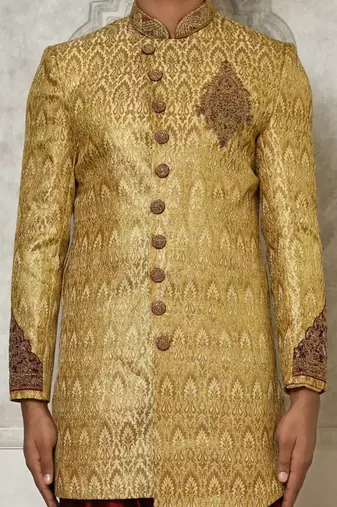Gold straight pattern work with hand work on collar and pocket indo western