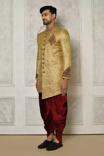 Gold straight pattern work with hand work on collar and pocket indo western