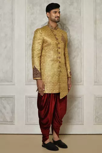 Gold straight pattern work with hand work on collar and pocket indo western