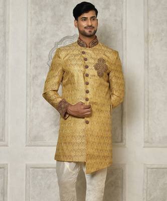 Gold straight pattern work with hand work on collar and pocket indo western 1