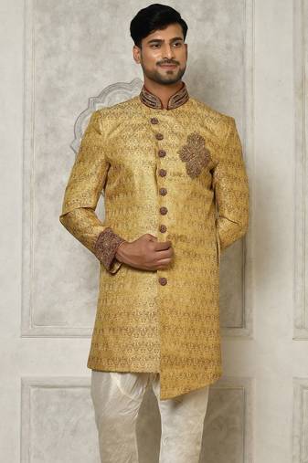 Gold straight pattern work with hand work on collar and pocket indo western
