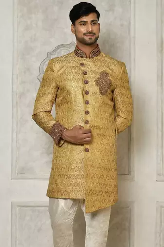 Gold straight pattern work with hand work on collar and pocket indo western