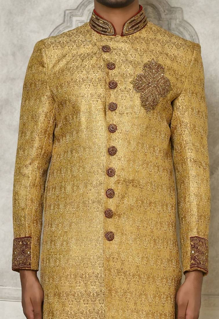 Gold straight pattern work with hand work on collar and pocket indo western