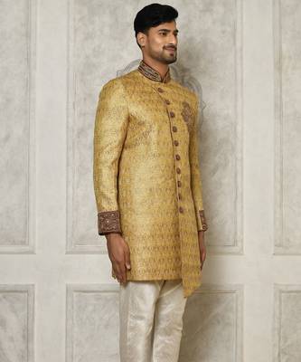 Gold straight pattern work with hand work on collar and pocket indo western 3
