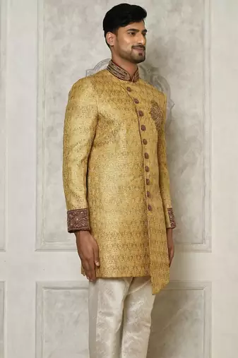Gold straight pattern work with hand work on collar and pocket indo western