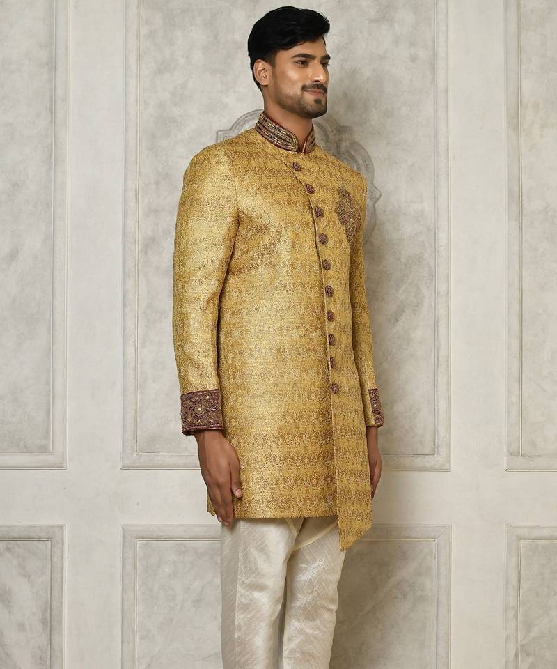 Gold straight pattern work with hand work on collar and pocket indo western