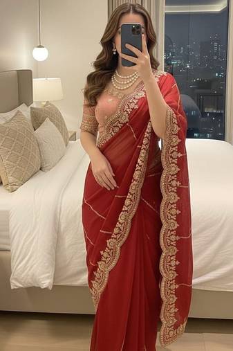 Red Color embroidery sequence work Sattin Saree