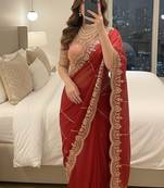 Red Color embroidery sequence work Sattin Saree