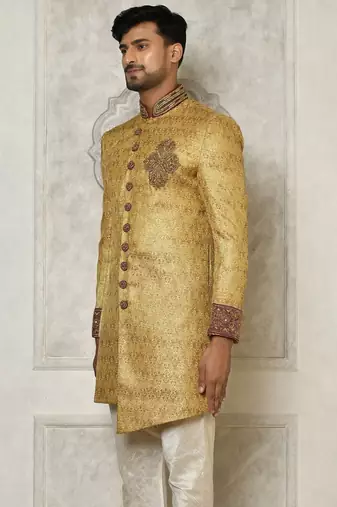Gold straight pattern work with hand work on collar and pocket indo western