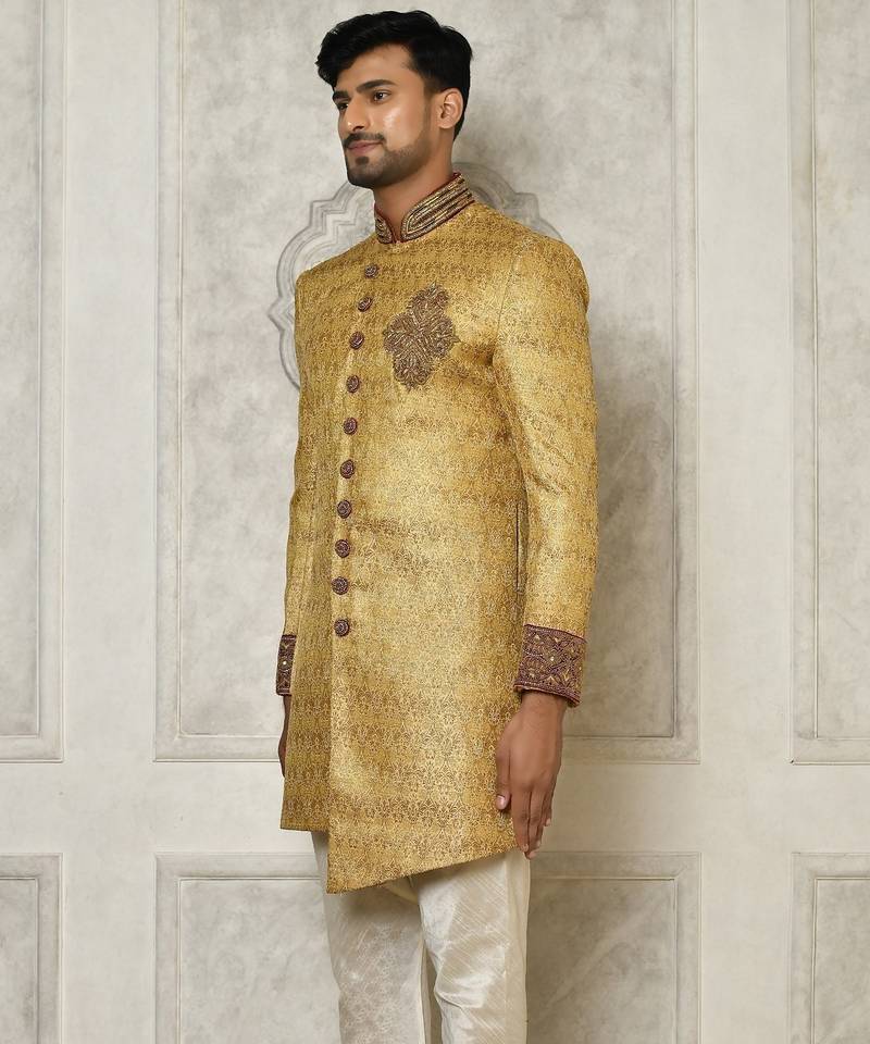 Gold straight pattern work with hand work on collar and pocket indo western