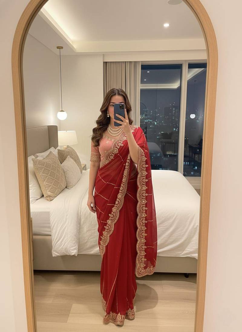 Red Color embroidery sequence work Sattin Saree