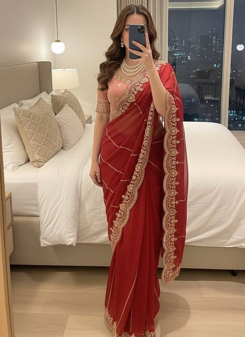Red Color embroidery sequence work Sattin Saree