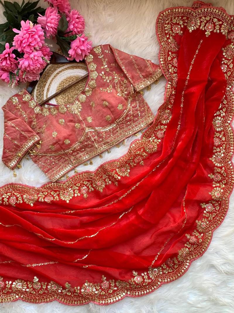 Red Color embroidery sequence work Sattin Saree